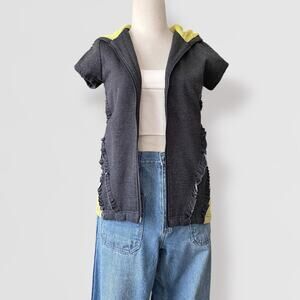 Short Sleeve Ruffle Hoodie Jacket Sz S Gray Lime Green Poof Excellence Mesh